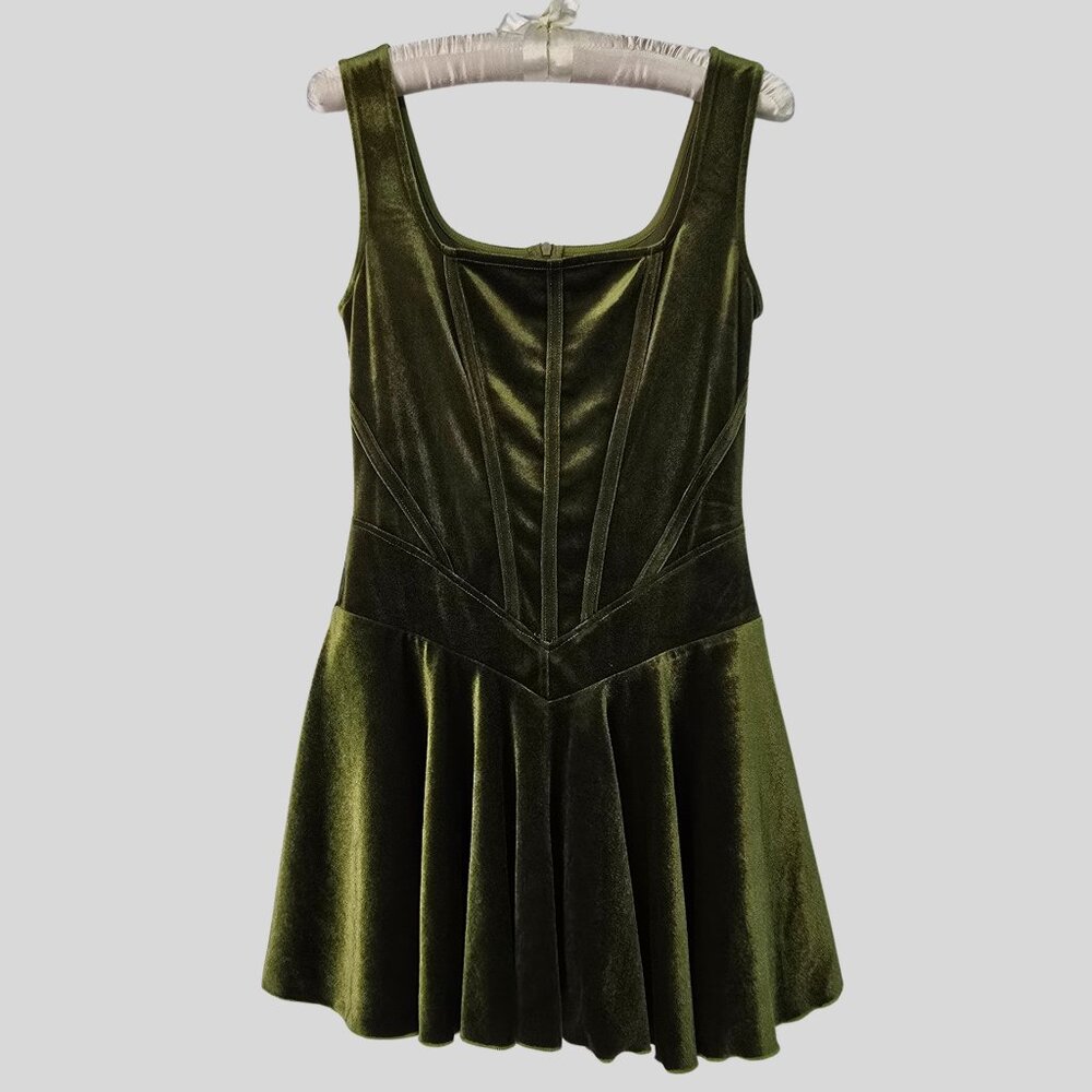 Cider Green Velvet Fit & Flare Dress Size S Cottagecore Party Holiday Aesthetic